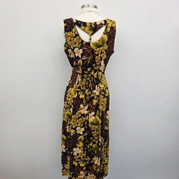 Vtg Scarlett Sleeveless Maxi Dress Womens 14 Black Yellow Hawaiian Floral Y2K - Picture 3 of 13